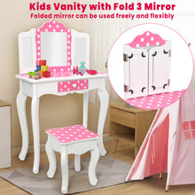 Load image into Gallery viewer, iRerts Kids Vanity with Fold 3 Mirror Girls Vanity Table Princess Makeup Dressing Table, Kids Furniture, Girls Vanity Set with Mirror