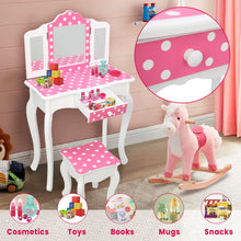 Load image into Gallery viewer, iRerts Kids Vanity with Fold 3 Mirror Wooden Girls Vanity Table Princess Makeup Dressing Table, Children's Furniture, Girls Vanity Set with Mirror