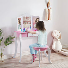 Load image into Gallery viewer, iRerts Kids Vanity with Fold 3 Mirror Girls Vanity Table Princess Makeup Dressing Table, Kids Furniture, Girls Vanity Set with Mirror