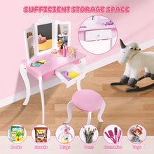 Load image into Gallery viewer, iRerts Kids Vanity with Fold 3 Mirror Girls Vanity Table Princess Makeup Dressing Table, Kids Furniture, Girls Vanity Set with Mirror