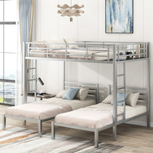 Load image into Gallery viewer, iRerts Triple Bunk Bed Metal Frame, Bunk Beds Full over Twin over Twin for Kids Teens Adults, Full over Twin over Twin Bunk Bed with Built-in Shelf and Safety Guardrail for Bedroom, Silver