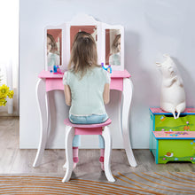 Load image into Gallery viewer, iRerts Kids Vanity with Fold 3 Mirror Girls Vanity Table Princess Makeup Dressing Table, Kids Furniture, Girls Vanity Set with Mirror