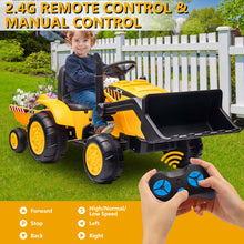 Load image into Gallery viewer, iRerts 12V Kids Ride on Car, Ride on Tractor with Remote Control, Electric Excavator Vehicle Construction Truck with Trailer, Adjustable Bucket, Toddlers Bulldozer Tractor with 3 Speeds, Music, Yellow