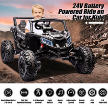 Load image into Gallery viewer, iRerts Black 24V Battery Powered Ride on UTV Cars for Boys Girls, Kids Ride on Toys with Remote Control, Music, LED Light, USB, Bluetooth, Large Seat Kids Electric Vehicle for Christmas Birthday Gifts