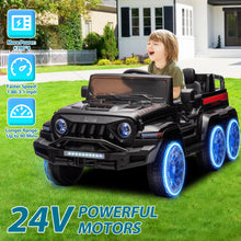 Load image into Gallery viewer, iRerts Black 24V Battery Powered Ride on Cars with Remote Control, Ride on Pickup Trucks with Rocking Chair Mode, Parental Rear Seat, Music, USB/MP3 Port, Electric Cars for Kids Boys Girls 2-6 Ages