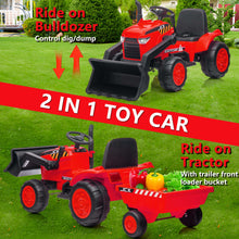Load image into Gallery viewer, iRerts 12V Kids Ride on Car, Ride on Tractor with Remote Control, Electric Excavator Vehicle Construction Truck with Trailer, Adjustable Bucket, Toddlers Bulldozer Tractor with 3 Speeds, Music, Red