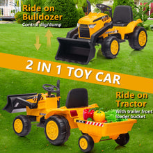 Load image into Gallery viewer, iRerts 12V Kids Ride on Car, Ride on Tractor with Remote Control, Electric Excavator Vehicle Construction Truck with Trailer, Adjustable Bucket, Toddlers Bulldozer Tractor with 3 Speeds, Music, Yellow