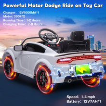Load image into Gallery viewer, iRerts Ride on Cars, 12 V Licensed Dodge Charger Battery Powered Ride On Toys with Remote Control, MP3 Player, LED Headlights, Safety Belt, 4 Wheeler, Electric Car for Kids 3-5 Boys Girls, White