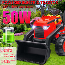 Load image into Gallery viewer, iRerts 12V Kids Ride on Car, Ride on Tractor with Remote Control, Electric Excavator Vehicle Construction Truck with Trailer, Adjustable Bucket, Toddlers Bulldozer Tractor with 3 Speeds, Music, Red