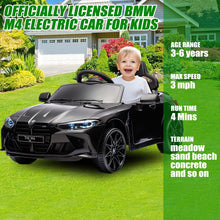 Load image into Gallery viewer, BMW M4 Black 12V Ride On Cars with Remote Control, Battery Powered Ride on Toys with Music, Bluetooth, Story, USB/MP3 Port, LED Light, Kids Electric Vehicle for Boys Girls with Wheels, Easy to Carry