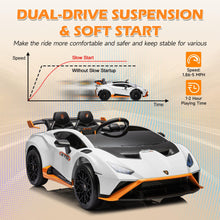 Load image into Gallery viewer, iRerts White 24V Lamborghini Ride on Cars with Remote Control, Battery Powered Kids Ride on Toys for Boys Girls 3-8 Ages, 4 Wheels Electric Cars for Kids with Bluetooth/Music/USB Port/LED Lights