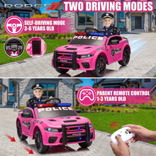 Load image into Gallery viewer, iRerts 12V Ride on Police Cars with Remote Control, Licensed Dodge Charger Kids Ride on Toys for Boys Girls Gifts, Kids Electric Car with Bluetooth, Music, USB, MP3, LED Lights, 3 Speeds, Pink