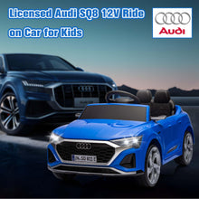 Load image into Gallery viewer, Ride on Toy Car Kids for Boys Girls, Licensed Audi SQ8 12V Ride on Cars with Remote Control, Battery Powered Electric Vehicle Car for Kids with Music, LED Lights, 3 Speed, 4 Wheeler, Blue