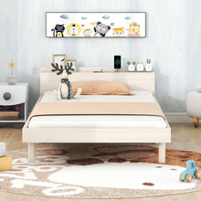 Load image into Gallery viewer, iRerts Wood Twin Platform Bed Frame with Headboard, Twin Bed Frame with Storage, Built-in USB Port, Modern Twin Size Bed Frames for Kids Teens Adults Bedroom, No Box Spring Needed, White Washed