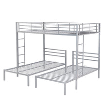 Load image into Gallery viewer, iRerts Triple Bunk Beds for Kids Adults, Metal Full over Twin over Twin Bunk Bed with Built-in Shelf, Triple Bunk Bed Frame with Headboard and Safety Guardrail, 3 in 1 Bunk Bed for Bedroom, Silver