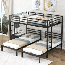 Load image into Gallery viewer, iRerts Triple Bunk Beds for Kids Adults, Metal Full over Twin over Twin Bunk Bed with Built-in Shelf, Triple Bunk Bed Frame with Headboard and Safety Guardrail, 3 in 1 Bunk Bed for Bedroom, Black