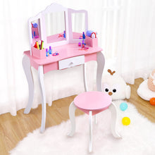Load image into Gallery viewer, iRerts Kids Makeup Vanity Set, Wooden Kids Vanity Set with Tri-Folding Mirror and Stool, Girls Vanity Makeup Dressing Table with Drawer, Kids Bedroom Furniture Kids Vanity Table and Chair Set