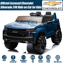 Load image into Gallery viewer, 2 Seater 24V Ride on Cars with Remote Control, Licensed Chevrolet Silverado Kids Ride on Truck for Boys Girls Birthday Christmas Gifts, Battery Powered Kids Electric Cars with LED Lights, Music, Blue