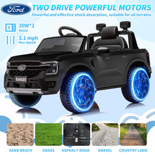 Load image into Gallery viewer, iRerts Black 12V Ford Ranger Powered Ride on Car with Remote Control, Kids Electric Car for Boys Girls 3-6 Ages, Kids Ride on Toys with Bluetooth, Music, USB Port, Horn, LED Lights