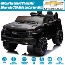 Load image into Gallery viewer, 2 Seater 24V Ride on Cars with Remote Control, Licensed Chevrolet Silverado Kids Ride on Truck for Boys Girls Birthday Christmas Gifts, Battery Powered Kids Electric Cars with LED Lights, Music, Black