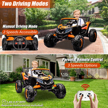 Load image into Gallery viewer, iRerts Orange 24V Battery Powered Ride on UTV Cars for Boys Girls, Kids Ride on Toys with Remote Control, Music, LED Light, USB, Bluetooth, Large Seat Kids Electric Vehicle for Christmas Birthday Gift