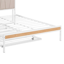 Load image into Gallery viewer, Queen Size Metal Platform Bed Frame with Twin Size Trundle, Queen Size Bed Frame with Upholstered Headboard, USB Ports, Steel Slat Support, Queen Bed Frame No Box Spring Needed for Bedroom, White