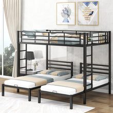 Load image into Gallery viewer, iRerts Triple Bunk Beds for Kids Adults, Metal Full over Twin over Twin Bunk Bed with Built-in Shelf, Triple Bunk Bed Frame with Headboard and Safety Guardrail, 3 in 1 Bunk Bed for Bedroom, Black