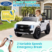 Load image into Gallery viewer, iRerts White 12V Ford Ranger Powered Ride on Car with Remote Control, Kids Electric Car for Boys Girls 3-6 Ages, Kids Ride on Toys with Bluetooth, Music, USB Port, Horn, LED Lights