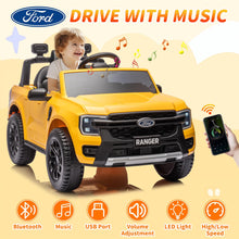 Load image into Gallery viewer, 12V Ride on Cars with Remote Control, Ford Ranger Electric Cars for Kids with Bluetooth, Music, USB Port, Horn, LED Lights, Battery Powered Ride on Toys for Kids Boys Girls 3-6 Ages Gifts, Yellow