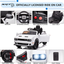Load image into Gallery viewer, 12v Ride on Cars with Remote Control, Licensed Dodge Challenger Battery Powered Kids Electric Car, Ride on Toys for Kids Boys Girls 3-5 Ages Gift with Bluetooth, Music, USB/MP3 Port, LED Light, White