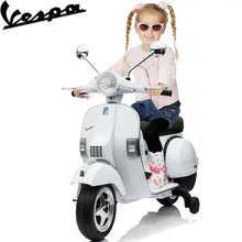 Load image into Gallery viewer, Vespa 12V Ride on Motorcycle, Battery Powered Electric Motorcycle for Kids, Toddler Scooter with Training Wheels, Key Switch, Music, Lights, Ride on Toys for Kids 3-6 Boys Girls, Pink