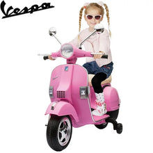 Load image into Gallery viewer, Vespa 12V Ride on Motorcycle, Battery Powered Electric Motorcycle for Kids, Toddler Scooter with Training Wheels, Key Switch, Music, Lights, Ride on Toys for Kids 3-6 Boys Girls, Pink