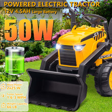 Load image into Gallery viewer, iRerts 12V Kids Ride on Car, Ride on Tractor with Remote Control, Electric Excavator Vehicle Construction Truck with Trailer, Adjustable Bucket, Toddlers Bulldozer Tractor with 3 Speeds, Music, Yellow