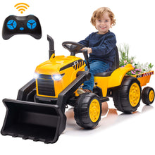 Load image into Gallery viewer, iRerts 12V Kids Ride on Car, Ride on Tractor with Remote Control, Electric Excavator Vehicle Construction Truck with Trailer, Adjustable Bucket, Toddlers Bulldozer Tractor with 3 Speeds, Music, Yellow
