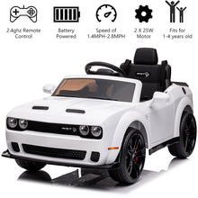 Load image into Gallery viewer, 12v Ride on Cars with Remote Control, Licensed Dodge Challenger Battery Powered Kids Electric Car, Ride on Toys for Kids Boys Girls 3-5 Ages Gift with Bluetooth, Music, USB/MP3 Port, LED Light, White