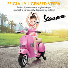 Load image into Gallery viewer, Vespa 12V Ride on Motorcycle, Battery Powered Electric Motorcycle for Kids, Toddler Scooter with Training Wheels, Key Switch, Music, Lights, Ride on Toys for Kids 3-6 Boys Girls, Pink