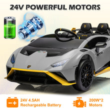 Load image into Gallery viewer, iRerts Gray 24V Lamborghini Ride on Cars with Remote Control, Battery Powered Kids Ride on Toys for Boys Girls 3-8 Ages, 4 Wheels Electric Cars for Kids with Bluetooth/Music/USB Port/LED Lights