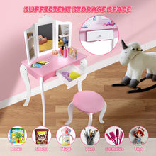 Load image into Gallery viewer, iRerts Kids Vanity with Fold 3 Mirror Girls Vanity Table Princess Makeup Dressing Table, Kids Furniture, Girls Vanity Set with Mirror