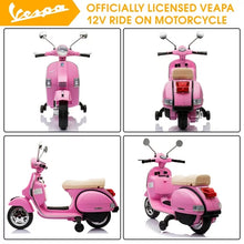 Load image into Gallery viewer, Vespa 12V Ride on Motorcycle, Battery Powered Electric Motorcycle for Kids, Toddler Scooter with Training Wheels, Key Switch, Music, Lights, Ride on Toys for Kids 3-6 Boys Girls, Pink