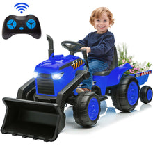 Load image into Gallery viewer, iRerts 12V Kids Ride on Car, Ride on Tractor with Remote Control, Electric Excavator Vehicle Construction Truck with Trailer, Adjustable Bucket, Toddlers Bulldozer Tractor with 3 Speeds, Music, Blue