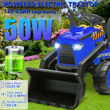 Load image into Gallery viewer, iRerts 12V Kids Ride on Car, Ride on Tractor with Remote Control, Electric Excavator Vehicle Construction Truck with Trailer, Adjustable Bucket, Toddlers Bulldozer Tractor with 3 Speeds, Music, Blue