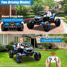 Load image into Gallery viewer, iRerts Blue 24V Battery Powered Ride on UTV Cars for Boys Girls, Kids Ride on Toys with Remote Control, Music, LED Light, USB, Bluetooth, Large Seat Kids Electric Vehicle for Christmas Birthday Gifts