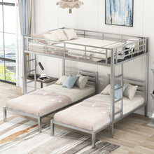 Load image into Gallery viewer, iRerts Triple Bunk Bed Metal Frame, Bunk Beds Full over Twin over Twin for Kids Teens Adults, Full over Twin over Twin Bunk Bed with Built-in Shelf and Safety Guardrail for Bedroom, Silver