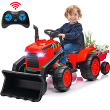 Load image into Gallery viewer, iRerts 12V Kids Ride on Car, Ride on Tractor with Remote Control, Electric Excavator Vehicle Construction Truck with Trailer, Adjustable Bucket, Toddlers Bulldozer Tractor with 3 Speeds, Music, Red