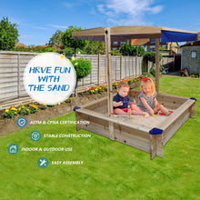 Load image into Gallery viewer, iRerts Kids Sandbox, Wooden Sandbox with Cover and Adjustable Canopy, Backyard Sandbox for Kids 3-10 Year Olds, Indoor Sandbox Sandpit Outdoor Playset for Backyard Home Lawn Garden Beach, Golden