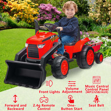 Load image into Gallery viewer, iRerts 12V Kids Ride on Car, Ride on Tractor with Remote Control, Electric Excavator Vehicle Construction Truck with Trailer, Adjustable Bucket, Toddlers Bulldozer Tractor with 3 Speeds, Music, Red