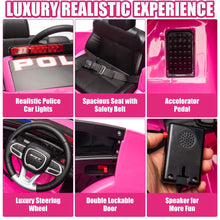 Load image into Gallery viewer, iRerts 12V Ride on Police Cars with Remote Control, Licensed Dodge Charger Kids Ride on Toys for Boys Girls Gifts, Kids Electric Car with Bluetooth, Music, USB, MP3, LED Lights, 3 Speeds, Pink