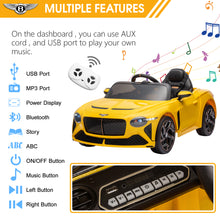 Load image into Gallery viewer, 12V Ride On Car with Remote Control, Licensed Bentley Mulsanne Kids Electric Car with Bluetooth, Music, USB, MP3, LED Light, Battery Powered Electric Ride On Vehicle for Boy Girl Birthday Gift, Yellow