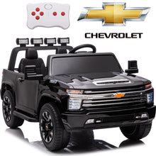 Load image into Gallery viewer, iRerts 12V Battery Powered Ride on Cars with Remote Control, Licensed Chevrolet Silverado 2 Seater Kids Electric Cars for 2-6 Ages Kids Gift, Ride On Toy with Music, MP3/USB/AUX Port, LED Light, Black