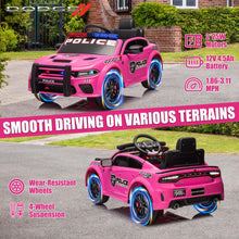 Load image into Gallery viewer, iRerts 12V Ride on Police Cars with Remote Control, Licensed Dodge Charger Kids Ride on Toys for Boys Girls Gifts, Kids Electric Car with Bluetooth, Music, USB, MP3, LED Lights, 3 Speeds, Pink